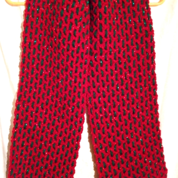 NEW Sparkly Woven Crochet Scarf Red Green Fringe OOAK HANDCRAFTED - Picture 3 of 8